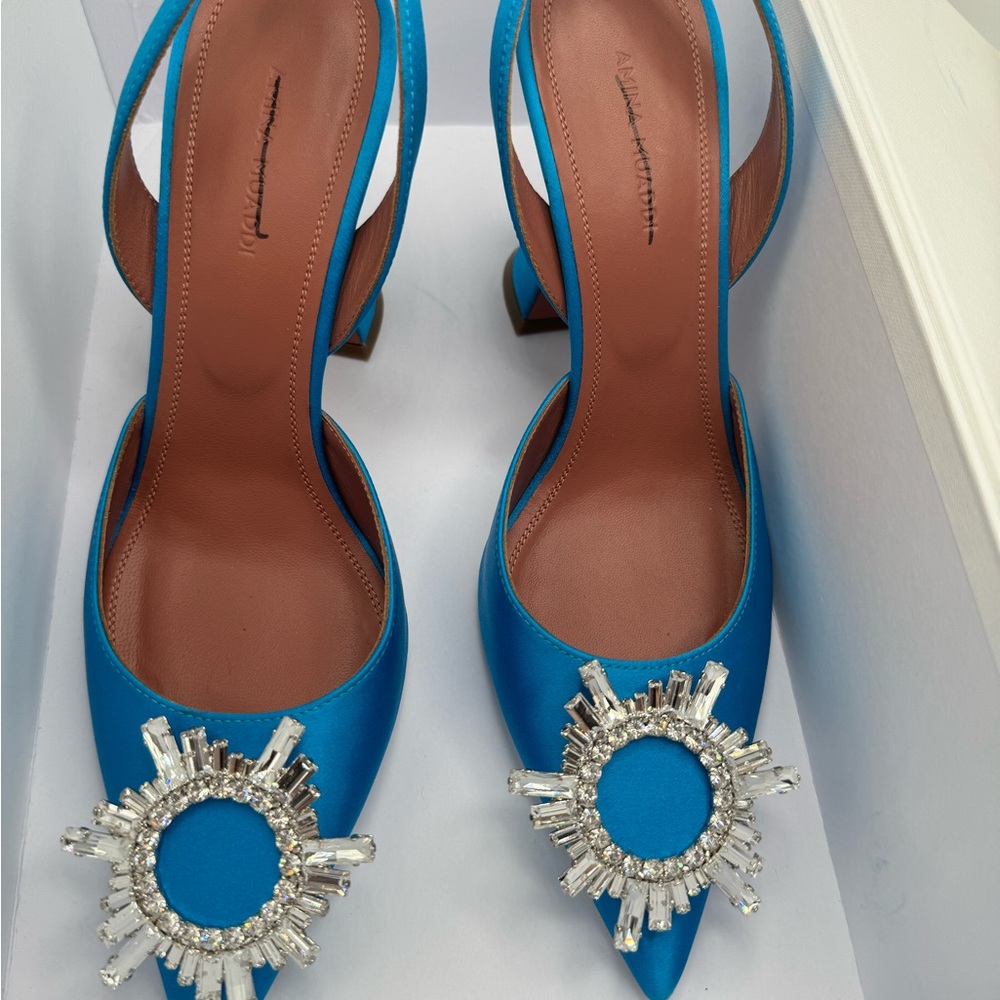 Amina Muaddi Satin Blue Pumps